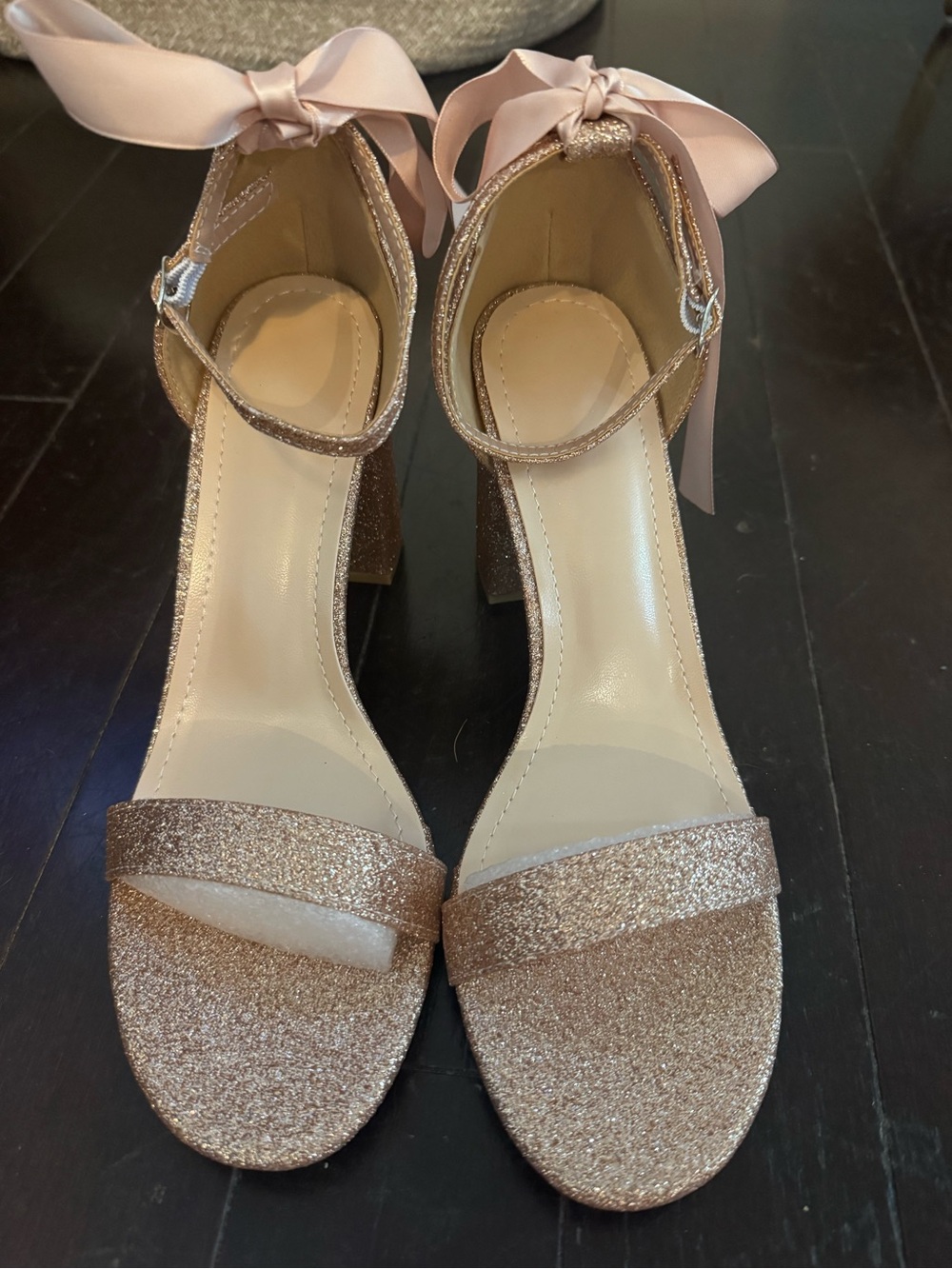 Glitter Block Heel Sandals w/ Bow Ankle Tie. Rose Gold. Size 9.  3” heel. New.